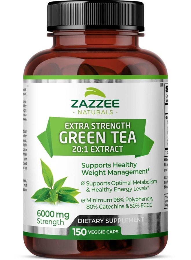 Zazzee Extra Strength Green Tea 20:1 Extract, 6000 mg Strength, 150 Vegan Capsules, 50% EGCG, 98% Polyphenols and 80% Catcehins, Potent 20x Extract, Up to 5 Month Supply, Vegan, All-Natural - Image 1