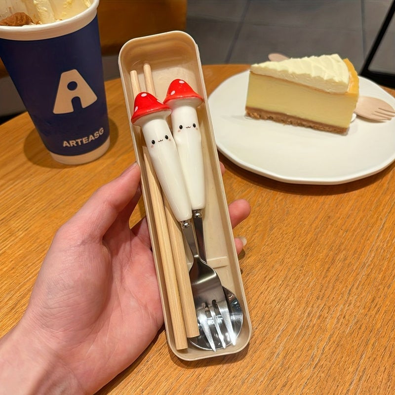 Cute Ins Portable 4-Piece Spoon Fork Chopsticks Set With Orange Cat Storage Box - Image 4