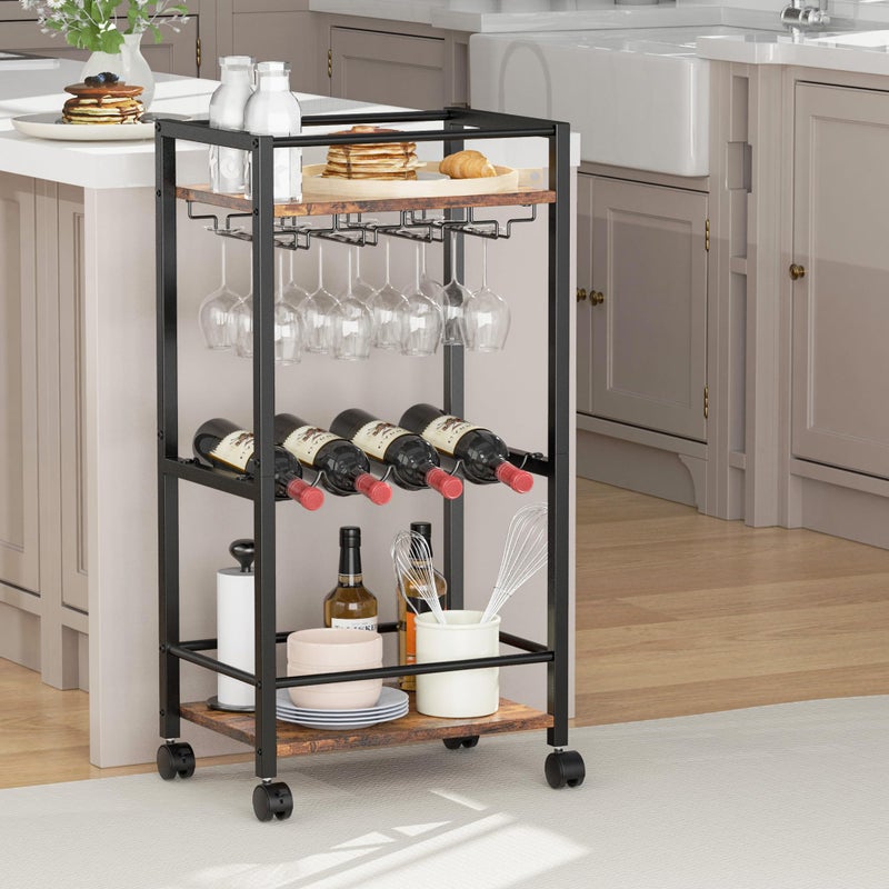 Vantimo Bar Cart, Home Bar Serving Cart, Mobile Kitchen Carts with Wheels, Small Rolling Cart with Wine Rack and Glass Holders, Rolling Beverage Cart for Kitchen, Dining Room, Living Room, Rustic Brown - Image 2