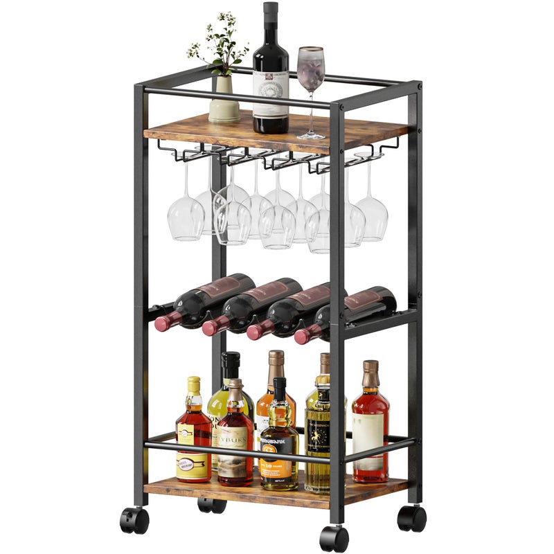 Vantimo Bar Cart, Home Bar Serving Cart, Mobile Kitchen Carts with Wheels, Small Rolling Cart with Wine Rack and Glass Holders, Rolling Beverage Cart for Kitchen, Dining Room, Living Room, Rustic Brown - Image 1