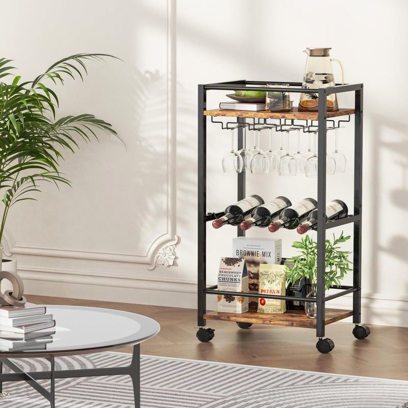 Vantimo Bar Cart, Home Bar Serving Cart, Mobile Kitchen Carts with Wheels, Small Rolling Cart with Wine Rack and Glass Holders, Rolling Beverage Cart for Kitchen, Dining Room, Living Room, Rustic Brown - Image 3