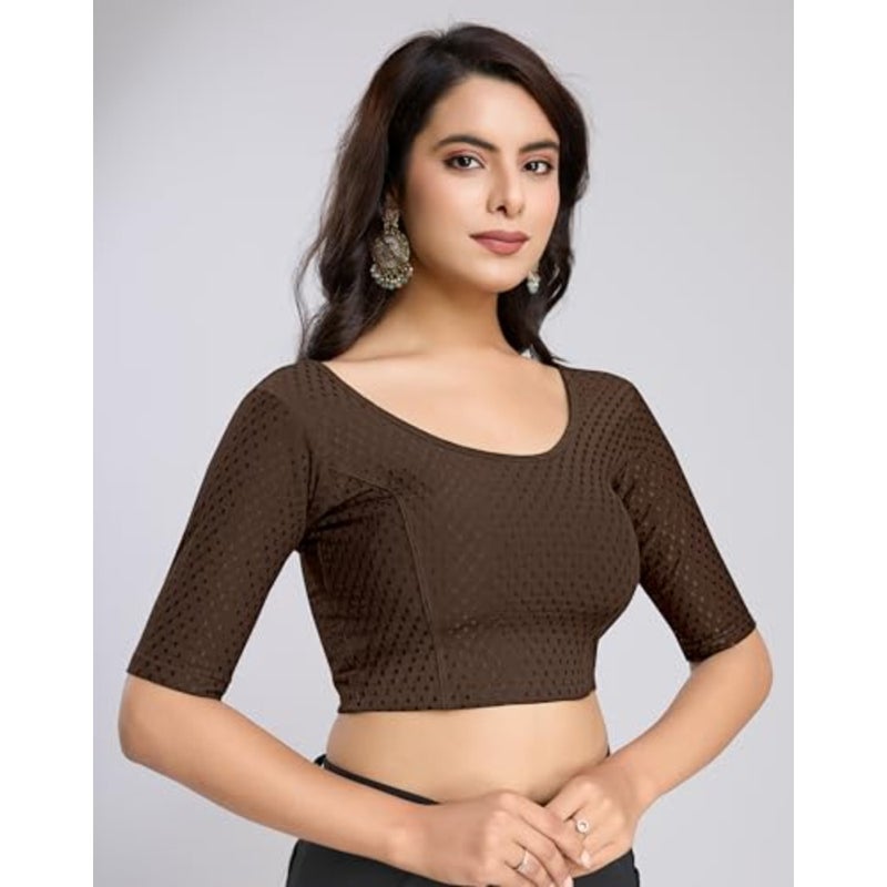 Trendmalls Women's Dobby Pure Cotton Elastin Stretchable Readymade Round Neck Elbow Length Sleeves Blouse Choli Stylish Saree Blouse Ready to Wear - Image 3