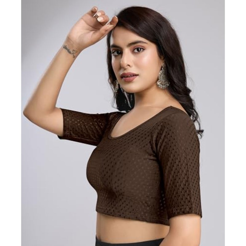 Trendmalls Women's Dobby Pure Cotton Elastin Stretchable Readymade Round Neck Elbow Length Sleeves Blouse Choli Stylish Saree Blouse Ready to Wear - Image 4