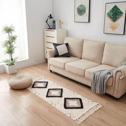 Slazie Handwoven Cotton Bed Runner Rug 2x5 ft | Boho Ethnic Carpet with Tassels | Modern Floor Mat for Bedroom, Living Room, Hallway|White & Brown |4015 - Image 1