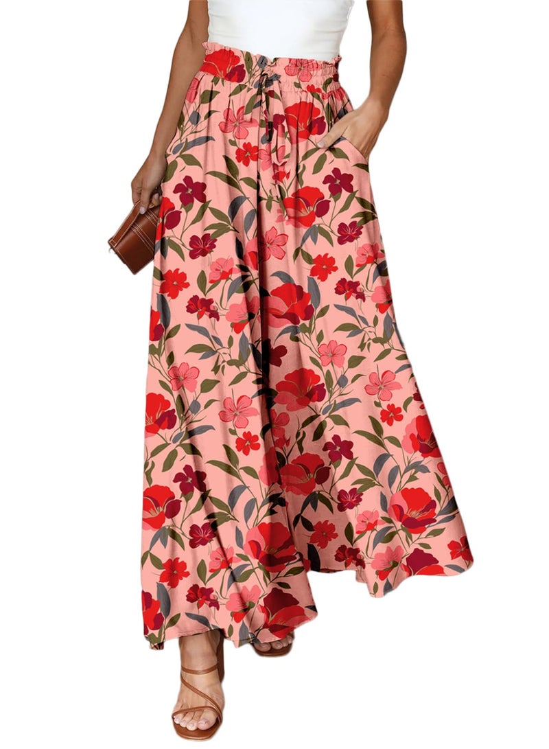 Dokotoo Stylish Wide Leg Pants for Women Ladies Floral Print Spring Summer Loose Casual High Drawstring Waist Pants Teacher Outfits Jogging Jogger with Side Pockets Rose XL - Image 1