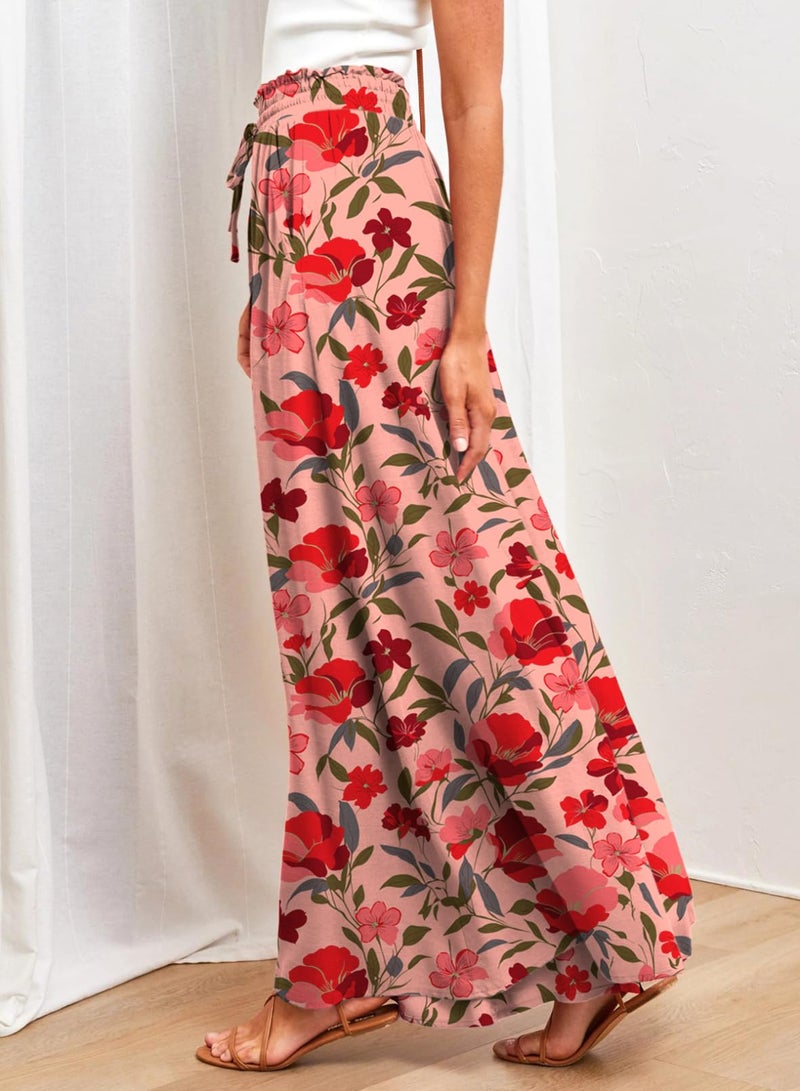 Dokotoo Stylish Wide Leg Pants for Women Ladies Floral Print Spring Summer Loose Casual High Drawstring Waist Pants Teacher Outfits Jogging Jogger with Side Pockets Rose XL - Image 3