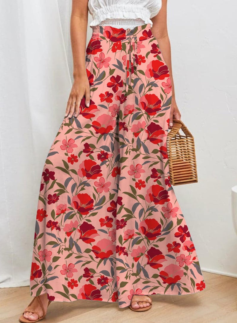 Dokotoo Stylish Wide Leg Pants for Women Ladies Floral Print Spring Summer Loose Casual High Drawstring Waist Pants Teacher Outfits Jogging Jogger with Side Pockets Rose XL - Image 4