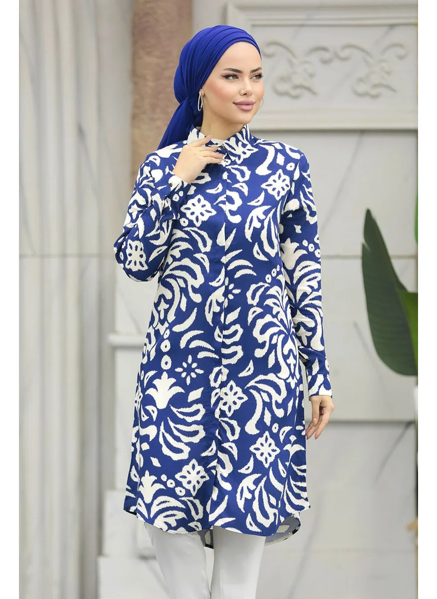 Neva Style Patterned Navy Blue Hijab Viscose Tunic 11662L