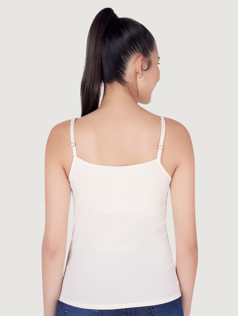 PLUMBURY Women's Polyester Basic Camisole Adjustable Strap Tank Top With Built-In Shelf Bra & Moulded Cups | Relaxed Fit | Cream Size , Small, Off White - Image 3