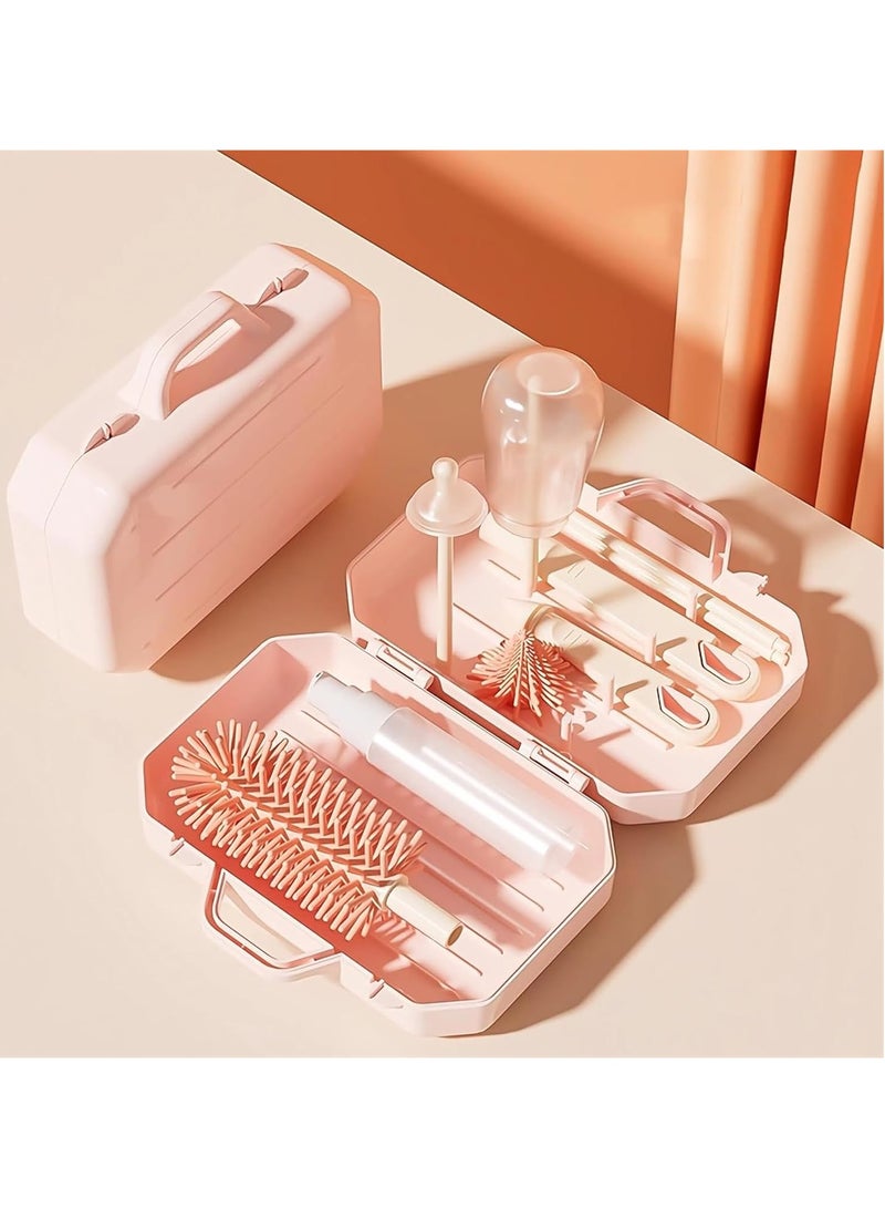 6 in 1 Bottle Cleaning Brush Set, Travel Baby Bottle Brush Cleaner Set with Silicone Bottle Brush Nipple Cleaner Brush Straw Brush Soap Dispenser Storage Box Bottle Drying Rack (Pink)