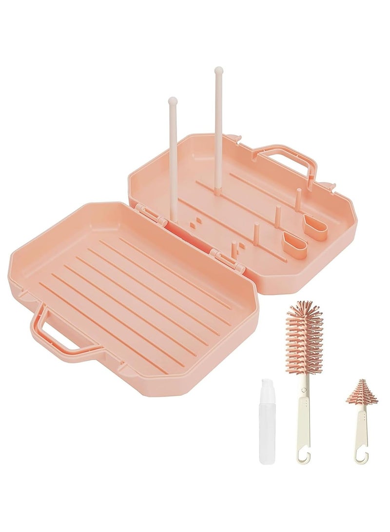 6 in 1 Bottle Cleaning Brush Set, Travel Baby Bottle Brush Cleaner Set with Silicone Bottle Brush Nipple Cleaner Brush Straw Brush Soap Dispenser Storage Box Bottle Drying Rack (Pink)
