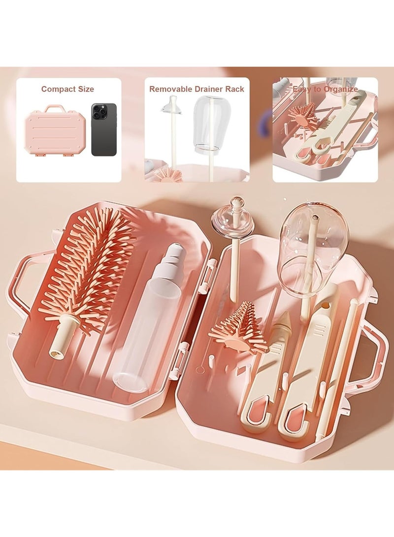 6 in 1 Bottle Cleaning Brush Set, Travel Baby Bottle Brush Cleaner Set with Silicone Bottle Brush Nipple Cleaner Brush Straw Brush Soap Dispenser Storage Box Bottle Drying Rack (Pink)
