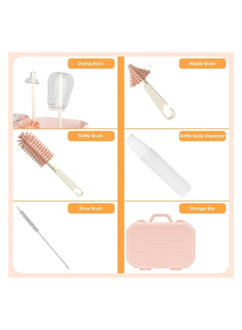 6 in 1 Bottle Cleaning Brush Set, Travel Baby Bottle Brush Cleaner Set with Silicone Bottle Brush Nipple Cleaner Brush Straw Brush Soap Dispenser Storage Box Bottle Drying Rack (Pink)