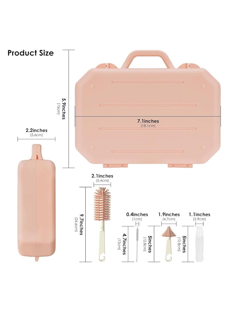 6 in 1 Bottle Cleaning Brush Set, Travel Baby Bottle Brush Cleaner Set with Silicone Bottle Brush Nipple Cleaner Brush Straw Brush Soap Dispenser Storage Box Bottle Drying Rack (Pink)