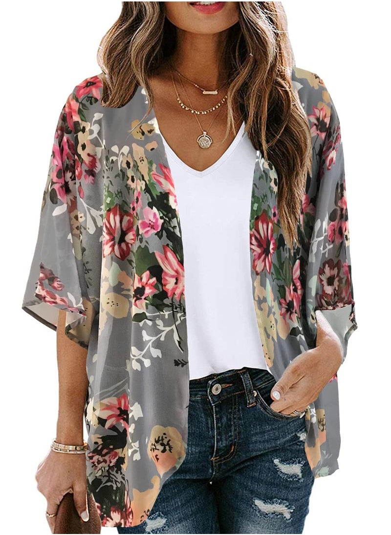 Captaintech Floral Print Puff Sleeve Kimono Cardigan Loose Cover Up Casual Blouse Tops, Dark Grey  - Image 1