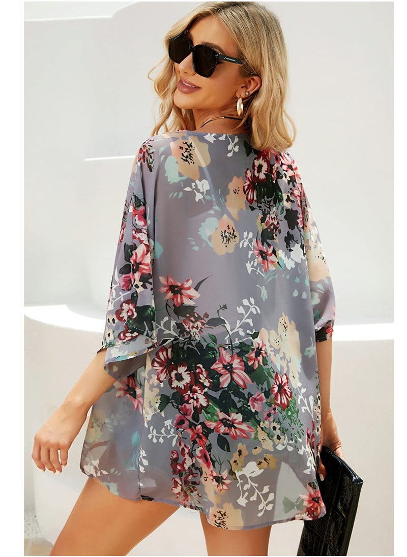 Captaintech Floral Print Puff Sleeve Kimono Cardigan Loose Cover Up Casual Blouse Tops, Dark Grey  - Image 5
