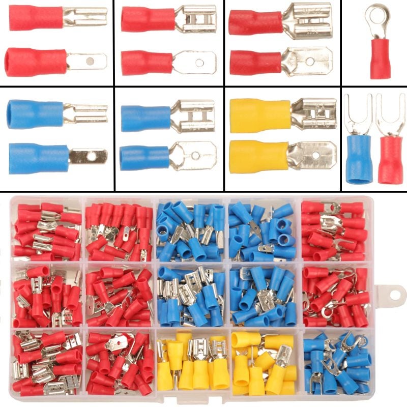 Crimp Terminals 280 Pcs 15 Types AWG 22-10 Flame-Retardant PVC Insulation - Tinned Copper Antioxidant Ring Spade Male Female Connectors for Domestic Automotive Electrical Repairs - Image 1