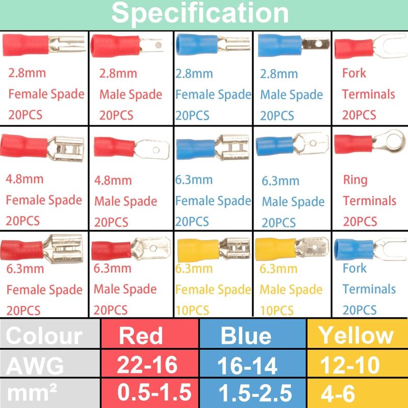 Crimp Terminals 280 Pcs 15 Types AWG 22-10 Flame-Retardant PVC Insulation - Tinned Copper Antioxidant Ring Spade Male Female Connectors for Domestic Automotive Electrical Repairs - Image 4