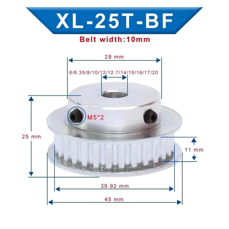 عجلة متزامنة XL25 بعدد أسنان 25 / 25T، من نوع BF، بمنصة محدبة، ثقب داخلي بأحجام 5/6/6.35/7/8/10/12/14/15/17/18/19//20/25 مم، مع مسامير (6.35 مم) - Image 2