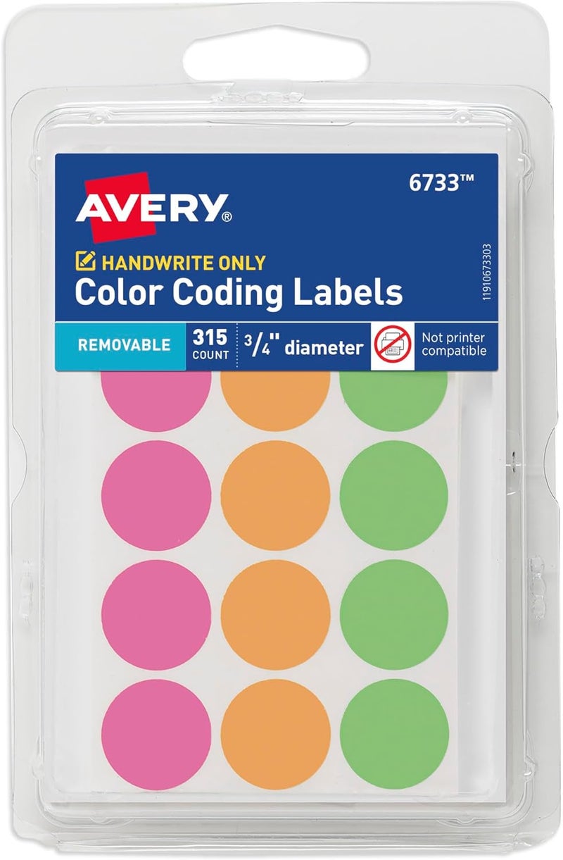 AVERY Color-Coding Removable Labels, 3/4 Inch Round Stickers, Assorted Neon Colors, Non-Printable, 315 Labels Per Pack, 36 Packs, 11,340 Dot Stickers Total (6733) - Image 1