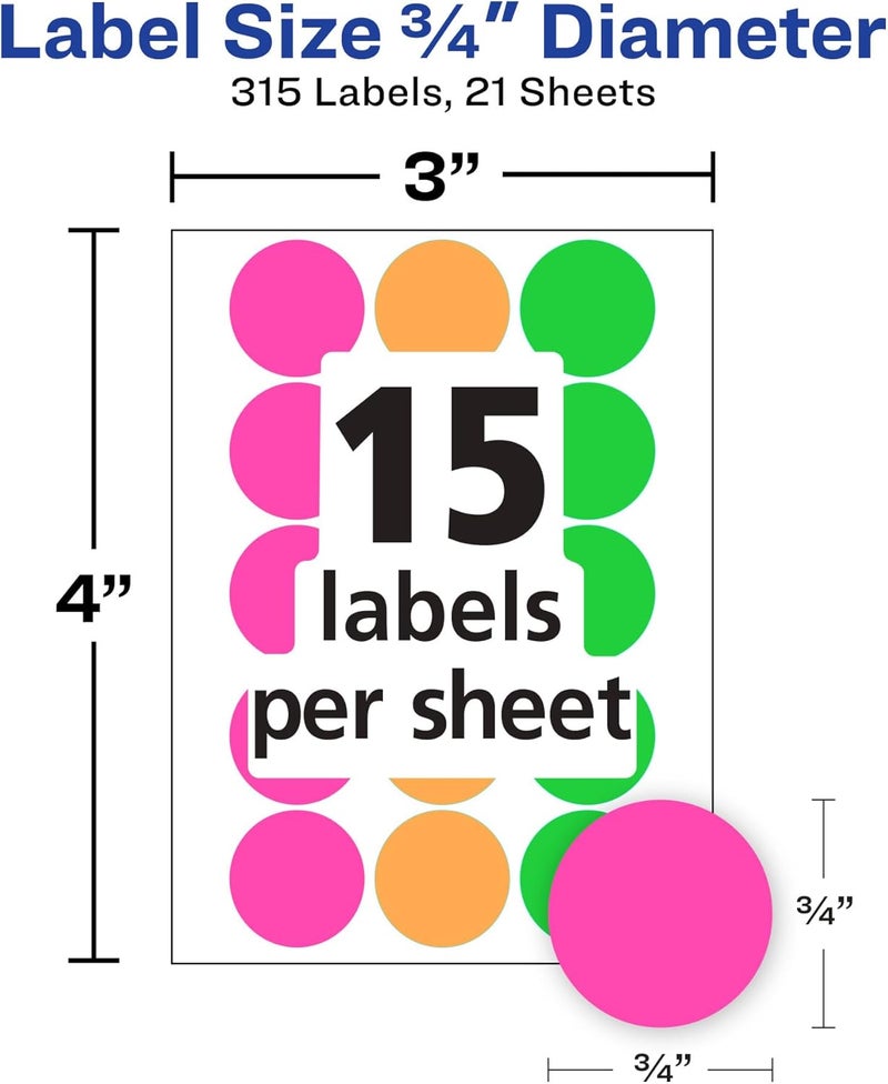 AVERY Color-Coding Removable Labels, 3/4 Inch Round Stickers, Assorted Neon Colors, Non-Printable, 315 Labels Per Pack, 36 Packs, 11,340 Dot Stickers Total (6733) - Image 5