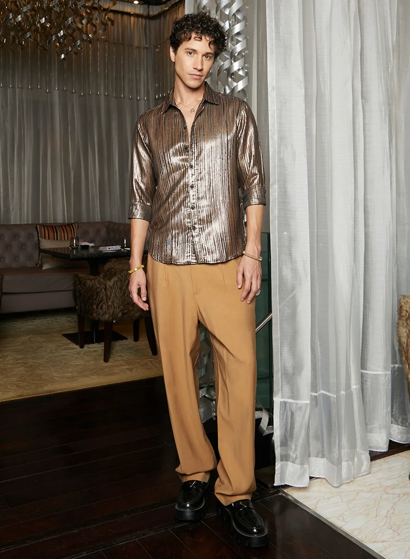 Campus Sutra Men's Antique Gold Metallic Blushed Shirt