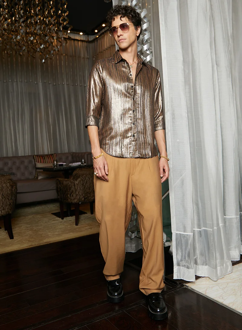 Campus Sutra Men's Antique Gold Metallic Blushed Shirt