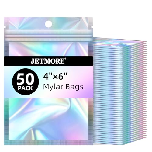 JETMORE Mylar Bags, 50 PCS Resealable Bags-4x6in, Holographic Bags for Travel Accessories, Stationery, Little Bag for Nails, Sealable Bag with Window, Display Holes, Dispensary Packaging on Demand - Image 1
