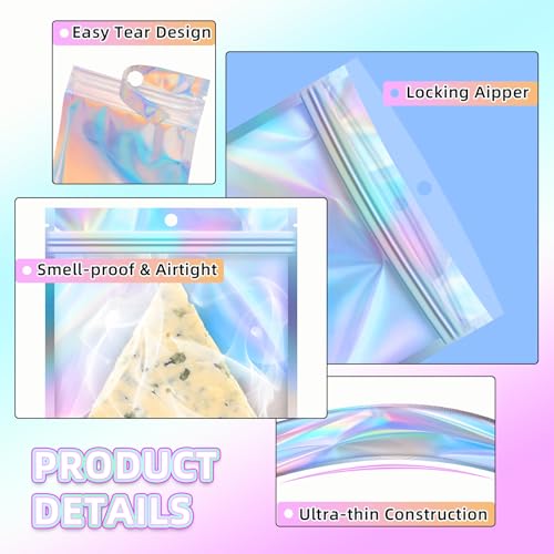 JETMORE Mylar Bags, 50 PCS Resealable Bags-4x6in, Holographic Bags for Travel Accessories, Stationery, Little Bag for Nails, Sealable Bag with Window, Display Holes, Dispensary Packaging on Demand - Image 4