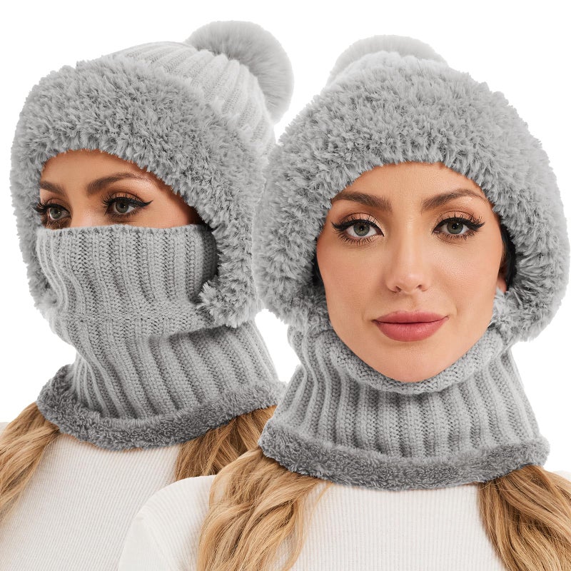 Sumolux 3 in 1 Beanie Hats for Women Fleece Lined Scarf and Mask Outdoors Windproof Knitted Ski Mask Set Grey - Image 1