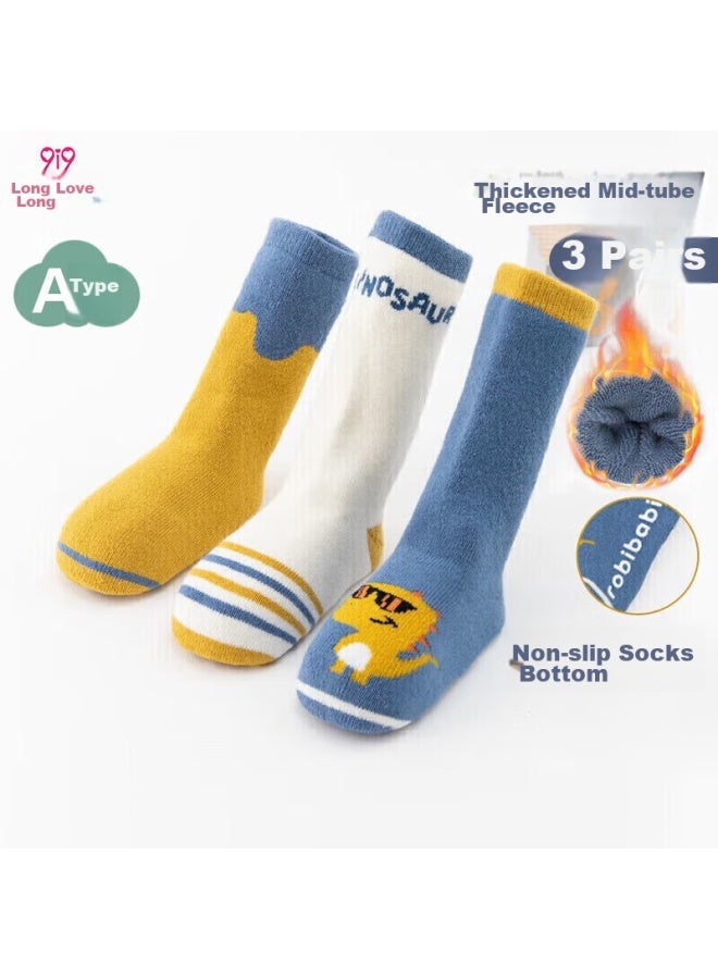 9i9 Baby Socks, Non-slip Mid-calf Socks For Infants, Newborn Cotton Socks, Terry Thickened, 3 Pairs, A367 Dinosaur - Image 1
