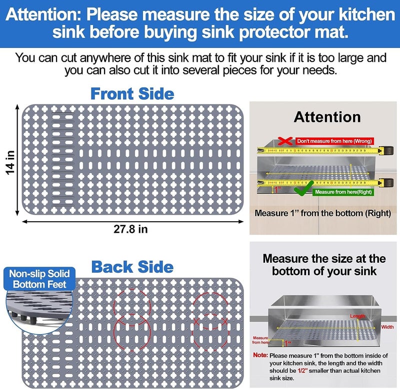 Arlba Upgraded Silicone Sink Mat 28""X14"" Sink Protectors For Kitchen Sink With Rear Drain/Center Drain Sink Rack For Bottom Of Sink  Kitchen Sink Mats For Bottom Of Stainless Steel/Porcelain Sink - Image 2