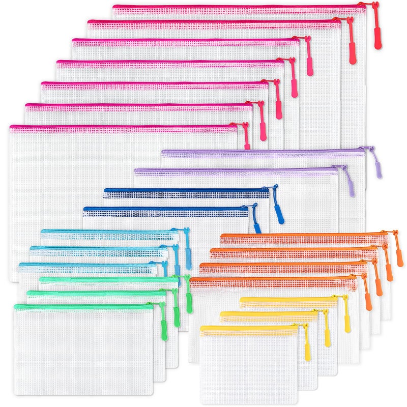 VUEKYN 24 Pcs Mesh Zipper Pouch Bags, Plastic Zipper Pouches for Classroom in 8 Sizes, Waterproof Mesh Zipper Bags for Organizing, Clear Zipper Pouches for Organizing, Travel, Office Supplies - Image 1