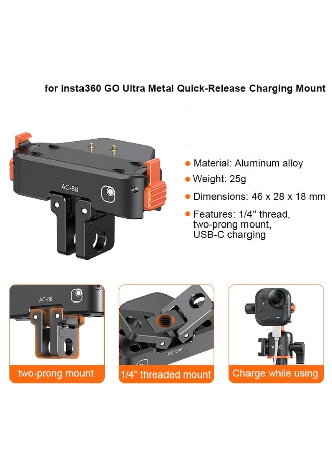 Aluminum Alloy Quick Release Charging Mount with Magnetic Attachment Type C Port 1/4 Screw Adapter for Insta360 GO Ultra - Image 2