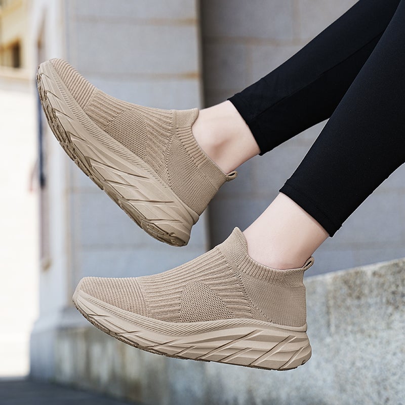 Spring Mens Shoes 2025 New Thick-Soled Casual Travel Socks Shoes Mens One-Legged Fly-Knit Running Sports Shoes Khaki 