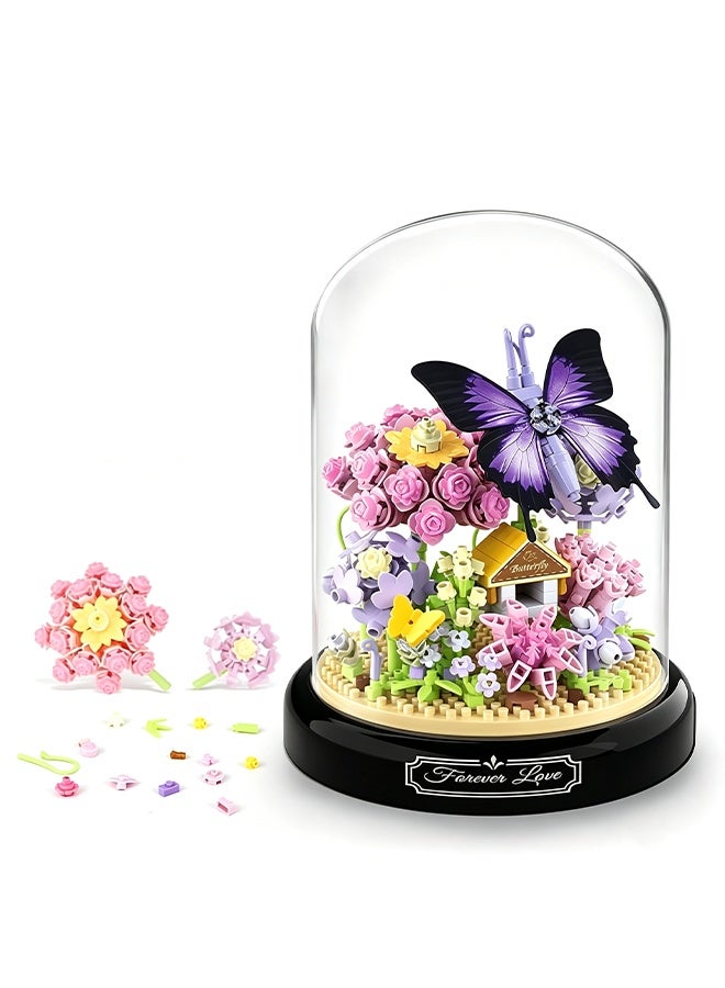 BOUTIQUE 3D Flower Bouquet Building Kit for Adults, 582 PCS Mini Botanical Blocks Set with Animal Designs, with Dust Cover, Artificial Flowers Home Office Decor, DIY Creative Puzzle Toy - Image 1