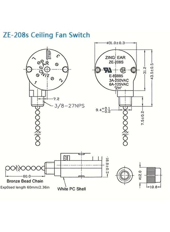 White Ceiling Fan Switch 3 Speed 4 Wire Replacement Polished Metal Nickel Chain Easy Installation - Image 4