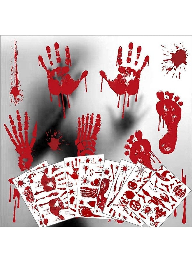 KOSIMI Halloween Decorations, 8 Sheet/95Pcs Halloween Bloody Handprint Footprint Wall Decal Floor Clings, Horror Handprint Home Pvc Halloween Decoration Window Stickers - Image 1