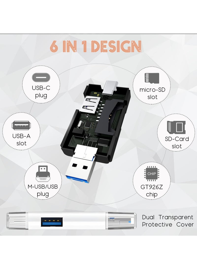 Generic - 6-in-1 USB C/Micro/USB Memory Card Reader, USB 3.0 SD Card Reader Adapter for SD, Micro SD, TF, SDXC, SDHC, MMC, RS-MMC, UHS-I - White - Image 1