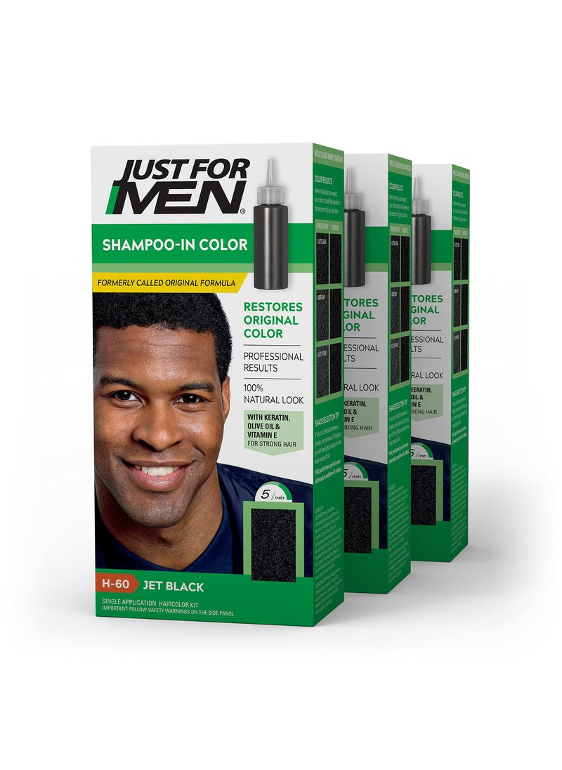 Just For Men Just For Men ShampooIn Color, Hair Color for Men with Keratin and Vitamin E for Stronger Hair, Restores Natural Hair Color, Jet Black , H-60, Pack of 3 