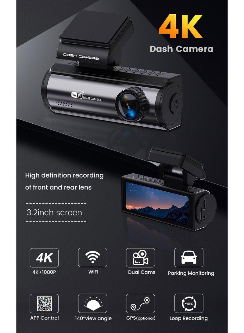 4K 3.2 Inch Hidden Mini Dash Cam With Front and Rear Wifi GPS FHD 2160P Rear View Camera Night Vision Auto Camera for Car - Image 2