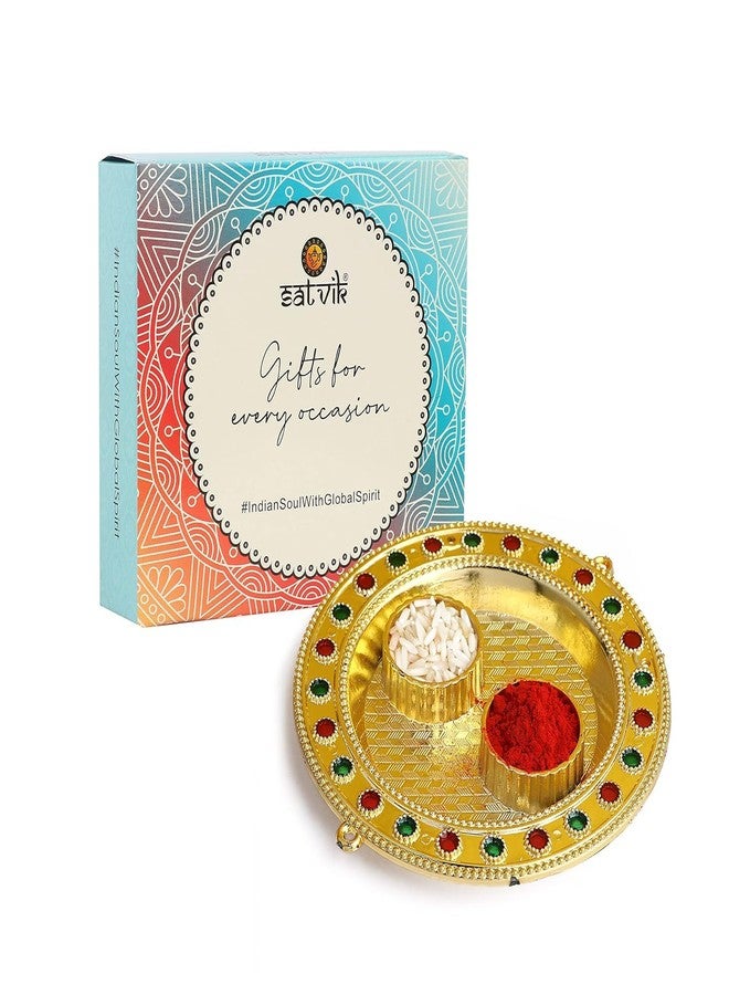 SATVIK STORE SATVIK قطعة واحدة من مصمم الديكور الذهبي Roli Chawal/حامل الأرز، حامل Kumkum Haldi مع غطاء Rakhi Pooja Kankavati Thali Indian Festival Diwali Pujan Mandir Tika Roli Plate عناصر هدايا الانتقال لمنزل جديد - Image 1