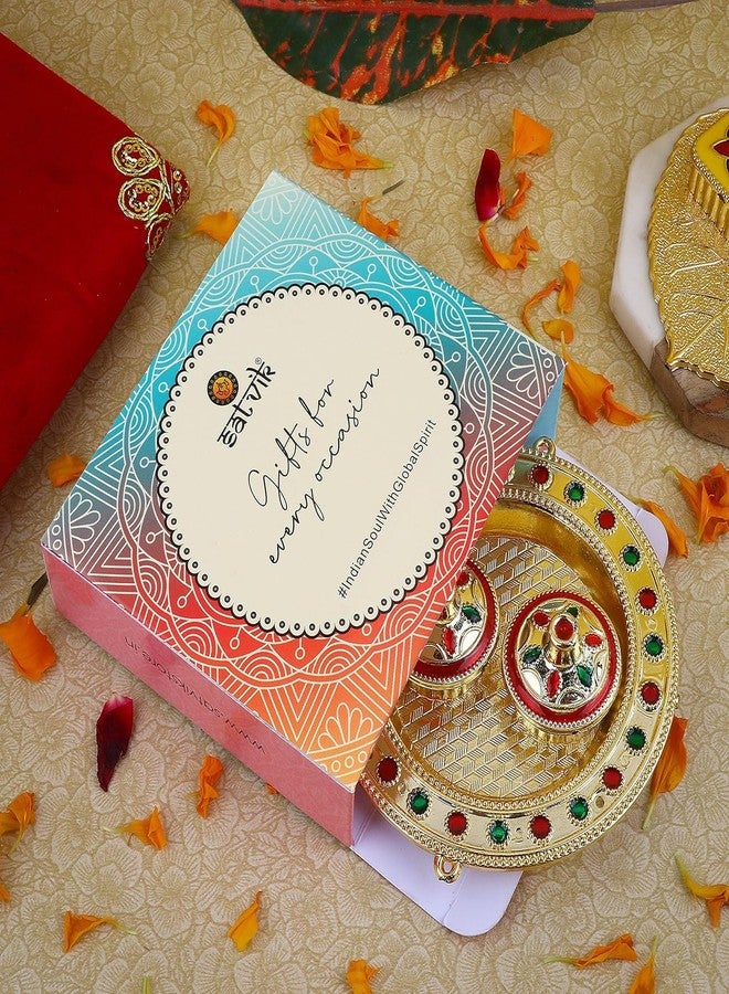 SATVIK STORE SATVIK قطعة واحدة من مصمم الديكور الذهبي Roli Chawal/حامل الأرز، حامل Kumkum Haldi مع غطاء Rakhi Pooja Kankavati Thali Indian Festival Diwali Pujan Mandir Tika Roli Plate عناصر هدايا الانتقال لمنزل جديد - Image 2