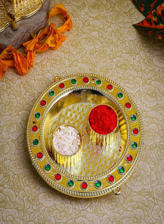 SATVIK STORE SATVIK قطعة واحدة من مصمم الديكور الذهبي Roli Chawal/حامل الأرز، حامل Kumkum Haldi مع غطاء Rakhi Pooja Kankavati Thali Indian Festival Diwali Pujan Mandir Tika Roli Plate عناصر هدايا الانتقال لمنزل جديد - Image 5