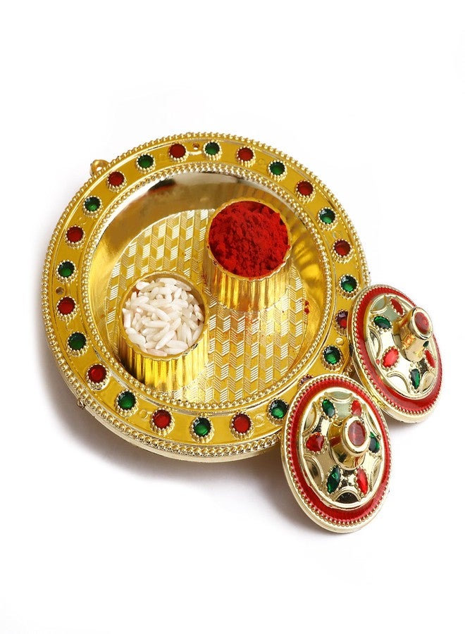 SATVIK STORE SATVIK قطعة واحدة من مصمم الديكور الذهبي Roli Chawal/حامل الأرز، حامل Kumkum Haldi مع غطاء Rakhi Pooja Kankavati Thali Indian Festival Diwali Pujan Mandir Tika Roli Plate عناصر هدايا الانتقال لمنزل جديد - Image 4