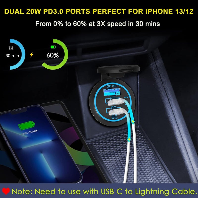 Ouffun USB C Car Charger Socket – 58W Lengthened RV USB Outlet 12V Socket Dual 20W PD3.0 USB-C and 18W QC3.0 Car USB Port with Button Power Switch for Boat Marine Motorcycle - Image 3
