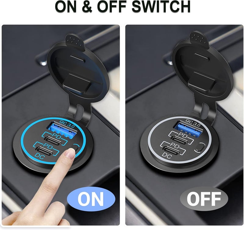Ouffun USB C Car Charger Socket – 58W Lengthened RV USB Outlet 12V Socket Dual 20W PD3.0 USB-C and 18W QC3.0 Car USB Port with Button Power Switch for Boat Marine Motorcycle - Image 5