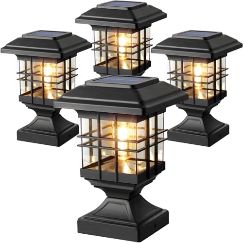 Lffital Solar Post Lights Outdoor Solar Cap Lights Deck Fence Cap for 4x4 5x5 6x6 Posts Patio Garden Courtyard Bright Decoration Fixture Waterproof Warm White Lighting Black (4Pack) - Image 1