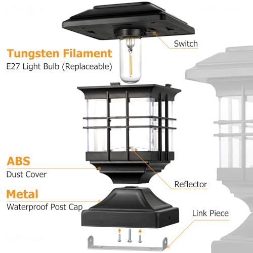 Lffital Solar Post Lights Outdoor Solar Cap Lights Deck Fence Cap for 4x4 5x5 6x6 Posts Patio Garden Courtyard Bright Decoration Fixture Waterproof Warm White Lighting Black (4Pack) - Image 4