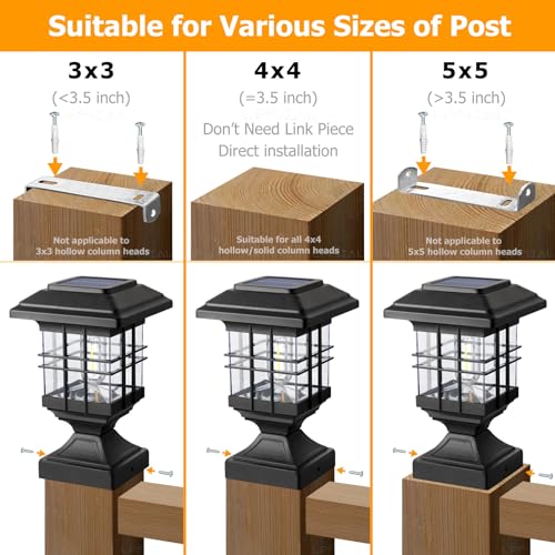 Lffital Solar Post Lights Outdoor Solar Cap Lights Deck Fence Cap for 4x4 5x5 6x6 Posts Patio Garden Courtyard Bright Decoration Fixture Waterproof Warm White Lighting Black (4Pack) - Image 5